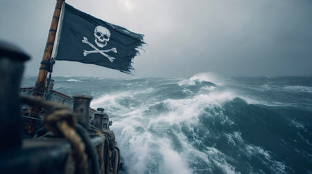 Pirate flag with skull and crossbones flies from a ship's mast as the vessel plows through a dark storm, crashing waves and a dramatic, foreboding sky aheadの写真素材