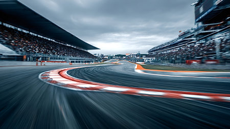 Race track corner showing blurred asphalt movement and vibrant red and white curbstones, with packed...