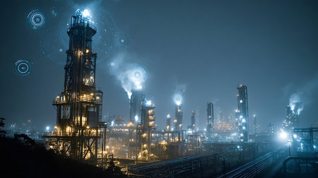 Industrial refinery at night with smart factory automation and digital network overlays, symbolizing...