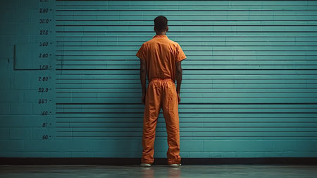 Prisoner in orange jumpsuit facing height marked blue wall for mugshot, evoking arrest, incarceration, legal process, justice system, punishment and accountabilityの写真素材