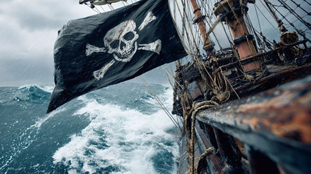 Pirate ship navigating through rough, stormy seas with large waves crashing against its hull, flying a black flag featuring a white skull and crossbones, illustrating adventure and danger at seaの写真素材