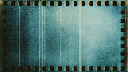 Aged film strip showing an old vintage texture with grain, scratches, and a teal blue color,...