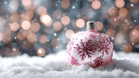 Pink christmas bauble with glittery snowflake design resting on a bed of fresh white snow, surrounded by a soft bokeh background of warm holiday lightsの写真素材