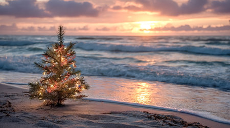 Small festive christmas tree decorated with lights and ornaments standing on a sandy beach, with gentle ocean waves washing ashore under a vibrant orange and pink sunset skyの写真素材