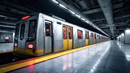 Subway train stopped on an underground urban platform, its yellow doors contrasting with the dark industrial architecture and reflective floor in an empty public transportation stationの写真素材