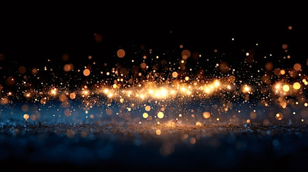 Golden glittering particles and shimmering bokeh lights scattering on a dark reflective surface, creating an elegant abstract background for celebration and magicの写真素材