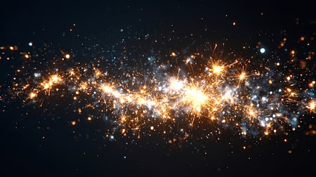 Golden particles and blue glitter forming sparkling lights against a dark background, generating a festive and abstract design suitable for celebration or holiday themesの写真素材