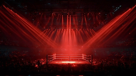 Empty boxing ring illuminated by dramatic red spotlights in a stadium, surrounded by a large, anticipating crowd, creating an atmosphere of intense competition and spectacleの写真素材