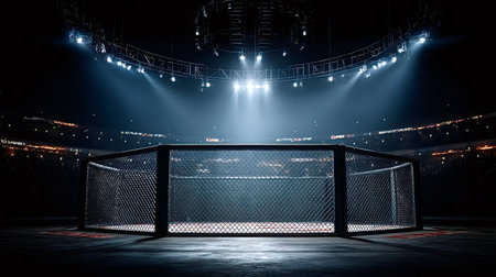 Empty fighting cage standing ready in a large mixed martial arts stadium with bright spotlights illuminating the arena, emphasizing competitive combat sports and championship eventsの写真素材