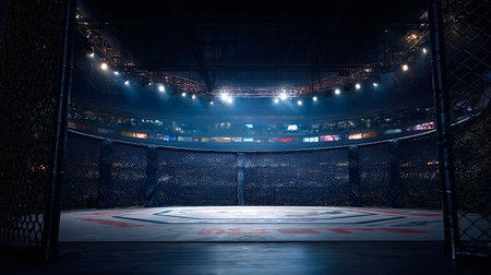 Empty mma octagon cage illuminated by powerful spotlights in a large, dark stadium, ready for combat sports, showcasing the anticipation of competitionの写真素材
