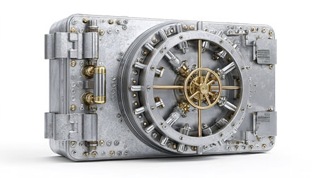 Intricate metal vault door featuring a large locking mechanism with a golden wheel, representing...