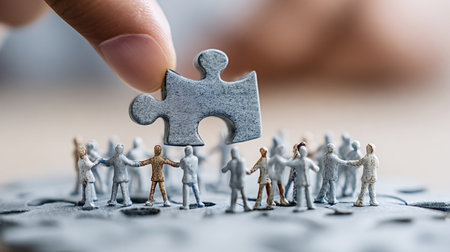 Human hand placing the last puzzle piece into a larger puzzle, symbolizing collaboration, solution finding, teamwork, and the integration of a new member into a diverse community of miniature peopleの写真素材