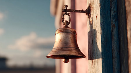 Rustic metal bell with aged patina hangs on weathered wooden wall, casting a long shadow in warm golden hour light, evoking nostalgia and rural calmの写真素材