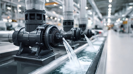 Industrial water pumps connected to stainless steel piping, efficiently pouring purified liquid into...