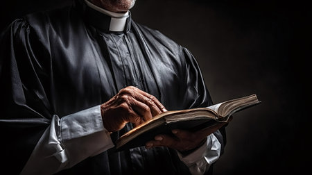 Religious man wearing a clerical collar and black cassock holding an ancient book, carefully turning its pages with wrinkled hands while immersed in spiritual textの写真素材
