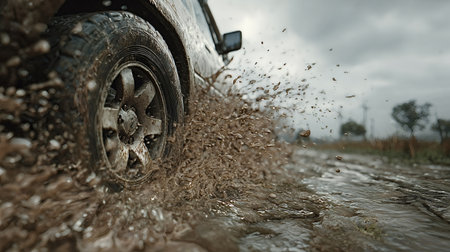 Off road vehicle wheel carving through deep muddy water, throwing a dramatic splash under a cloudy sky during a high speed rugged outdoor adventure on rough terrainの写真素材