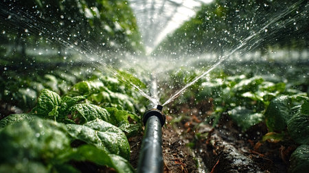 Irrigation system sprinkling water droplets onto healthy green plants and cultivated crops inside a modern greenhouse for efficient agricultural farmingの写真素材
