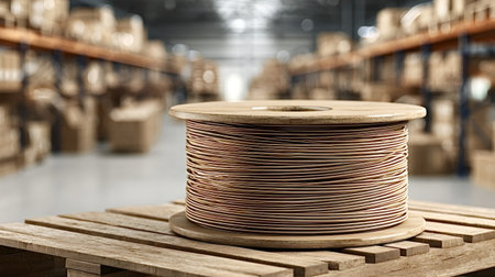 Copper wire spool resting on a wooden pallet inside a large industrial warehouse, illustrating material storage and manufacturing supply chain processesの写真素材