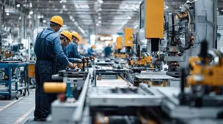Factory workers in blue overalls and yellow hard hats engaging in precision tasks on a modern...