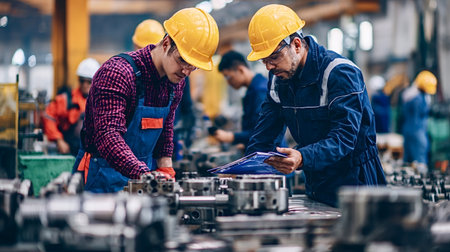 Mechanical engineers and factory workers collaborating on an assembly line, conducting quality...
