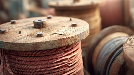 Large wooden spool holding thick intertwined red cable, closeup of textured, weathered wood and...