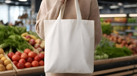 Woman stands in supermarket produce aisle holding an empty white canvas tote bag, promoting reusable...