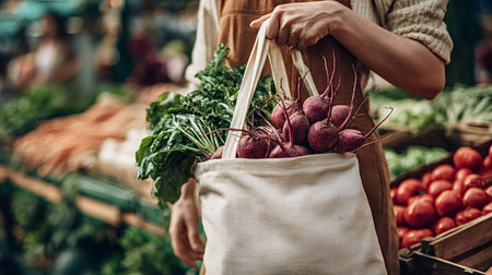 Woman holding an eco friendly fabric bag filled with freshly harvested beets and leafy greens, shopping for healthy produce at a vibrant farmers market promoting sustainable lifestyle choicesの写真素材