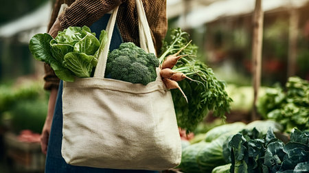 Person walking through outdoor market with beige canvas tote overflowing with fresh organic lettuce, broccoli and carrots, promoting sustainable shopping and healthy eatingの写真素材