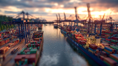Container dock ships at a global trade port, filled with numerous cargo containers under a dramatic sunset sky, illustrating worldwide logistics and supply chain operationsの写真素材