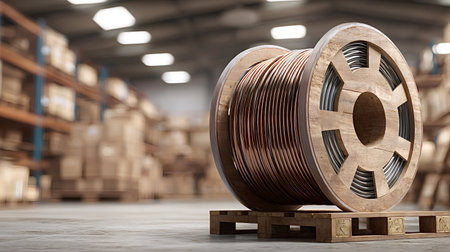 Copper wire cable spool sitting on a wooden pallet inside a vast industrial warehouse with blurred shelves of stored goods in the background, representing logistics and manufacturingの写真素材