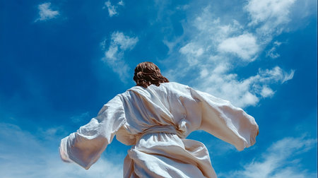 Jesus christ statue viewed from behind with arms outstretched toward a clear blue sky and white clouds, symbolizing faith, ascension, hope, serenity and spiritual devotionの写真素材