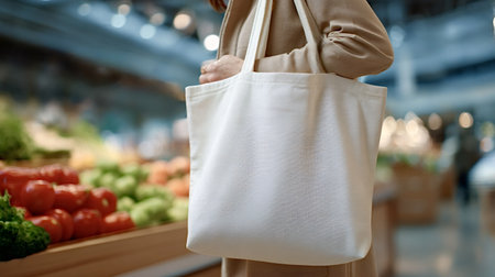 Woman carrying a blank canvas tote bag while shopping for fresh produce and healthy food in a modern...