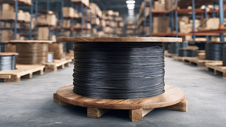 Large wooden spool holding black electrical cable on a wooden pallet, with more spools and cardboard boxes on shelves in a factory or distribution warehouseの写真素材