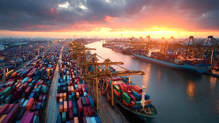Container ships loading and unloading at a sprawling industrial port terminal with stacked...