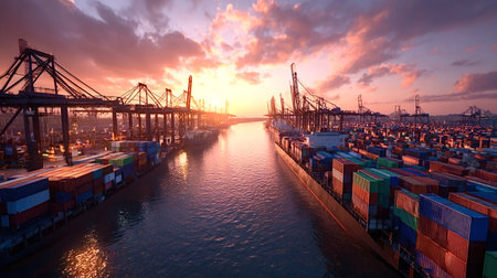 Large container ships docked in a busy industrial port during sunset. With numerous colorful cargo...