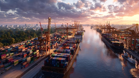 Shipping port operating with container ships loading and unloading cargo, illustrating global...