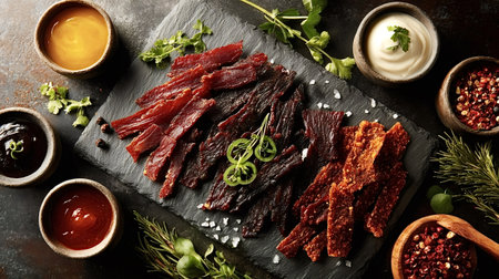 Beef jerky platter featuring various flavors of dried meat slices, served alongside small bowls of dipping sauces, herbs, and spices on a dark slate backgroundの写真素材