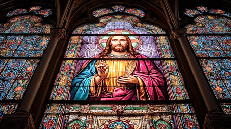 Jesus christ depicted in a vibrant stained glass window, illuminating the church interior with...