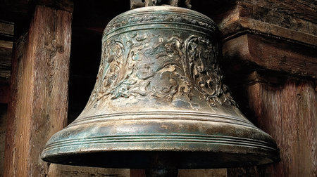 Ornate antique bronze church bell hangs within old wooden support beams, showing its aged patina and...