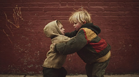 Two young boys, wearing dirty clothing, embracing each other in a supportive hug against a textured red brick wall, representing themes of childhood, struggle, and resilienceの写真素材