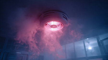 Smoke detector on a ceiling activating with a flashing red light and surrounded by smoke, signaling a dangerous fire emergency inside a building requiring immediate attentionの写真素材