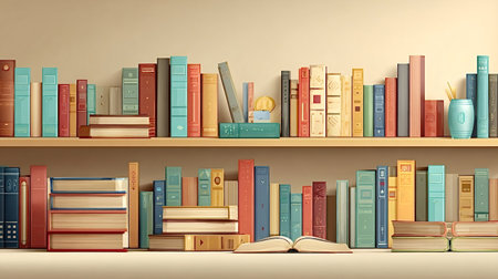 Bookshelves packed with colorful books and an open volume on a wooden shelf, evoking knowledge, education, literature, reading and a cozy home or academic library atmosphereの写真素材