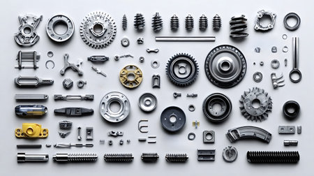 Various metal machine parts and components laid out on a white surface, showing different gears, springs, bolts, shafts, and other disassembled mechanical elements for assembly or repairの写真素材