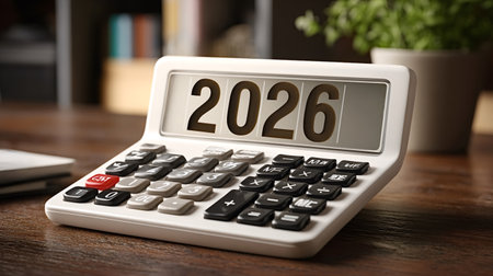 Calculator displaying the year 2026 on its screen, symbolizing upcoming financial planning, budgeting, and future investments on an office desk, representing new year goals and accountingの写真素材