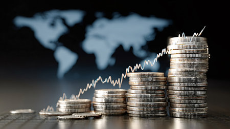 Stacks of silver coins show a rising chart line against a blurred world map background, representing global economic growth, investment, and financial successの写真素材