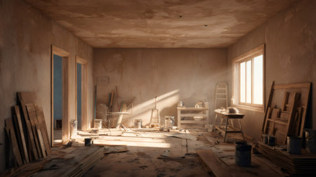 Room interior showing construction and home improvement project, with unfinished walls, plaster dust, scattered wood planks, paint cans, and sunlight on the floor, ready for completionの写真素材