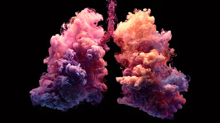 Lungs shaped by vibrant colorful ink plumes expanding and contracting underwater against a black...