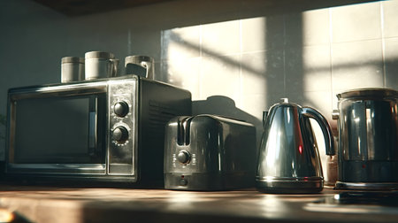 Vintage style kitchen appliances including a microwave, toaster, and kettles sitting on a wooden countertop, bathed in the soft glow of natural morning sunlightの写真素材