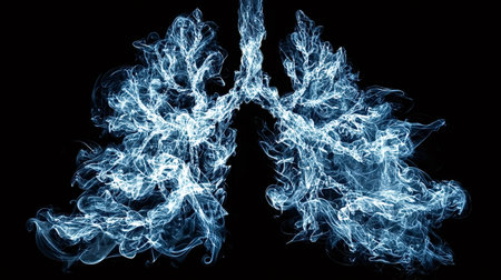 Ethereal blue smoke forms human lungs against a black background, representing breathing, respiratory health, air pollution and illness like asthma, bronchitis or pneumoniaの写真素材