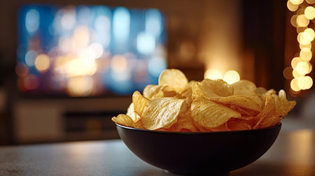 Potato chips overflowing from a dark bowl on a surface, with a blurry television screen showing vibrant lights in the background, creating a cozy evening atmosphereの写真素材